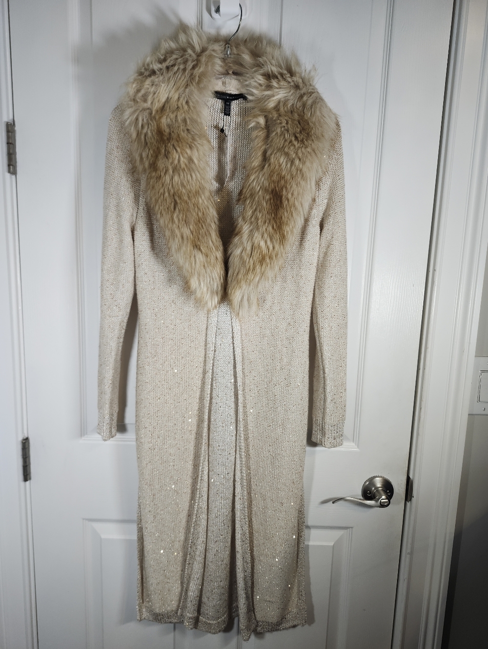WHBM Beige Gold Sequn Long Knit  Cardigan Detachable Faux Fur Collar S XS NWT